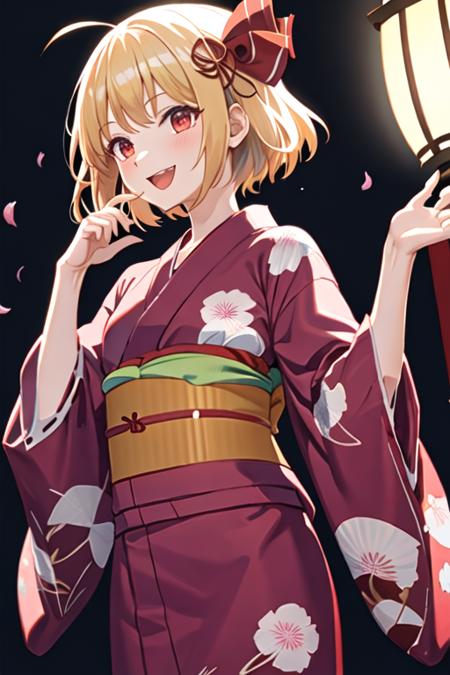 best quality, masterpiece, highres, solo, {yukata:1.40}, {kimono:1.20}, {rumia_touhou:1.15}, blonde_hair, ribbon, short_hair, hair_ribbon, red_eyes, vest, smile, open_mouth, red_ribbon, ascot