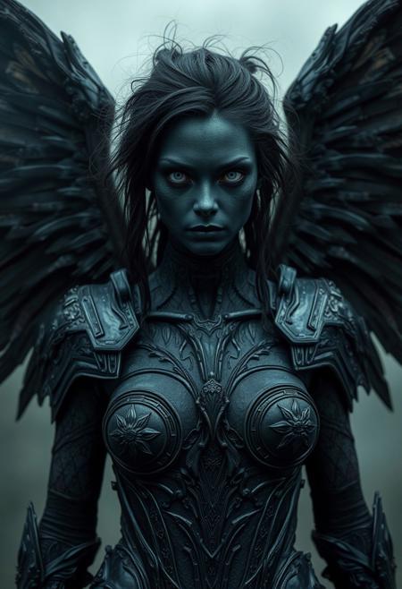 front view of a female creature, black coal mate skin, white eyeballs, black grunge angel wings, iron armour, tension, mist, wind, photo realistic