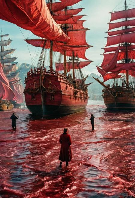 A lone figure, races mingling, and towering masted ships.  A bold color palette of rich reds,  fantastical, film photography style, light grain, ,Heather Theurer, The sky above ripples like water, distorting the sense of up and down. In this bizarre landscape, one altered element can send the entire scene careening into chaos.