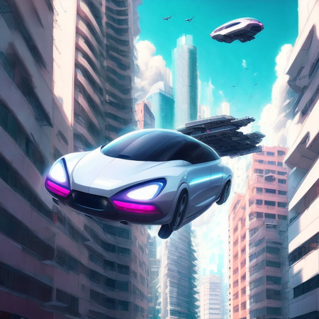 (hovercar style:1) car flying through the air, tall buildings <lora:djzHoverCar_v21:1>