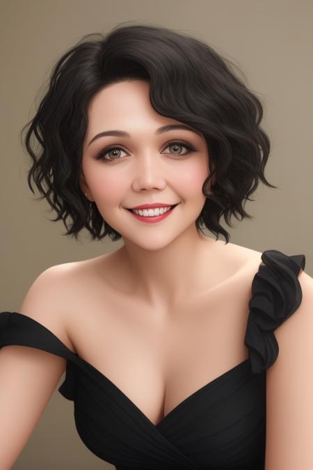 <lora:ds_maggiegylenhall:1.2> smiling sexy woman with short wavy hair in black dress, close-up