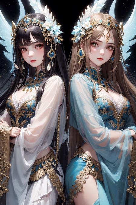 masterpiece, best quality,
2girls, back to back,
young twin girls with contrasting motifs, girl A with white motif symbolizing purity, girl B with black motif representing mystique and power, strong magical abilities despite youthful appearance, determined and powerful poses as guardians of the divine realm, fantastical and majestic divine realm background, light and shadow interplay, mysterious accessories and decorations on their outfits, magical effects and glowing light surrounding them,
 detailed skin texture, detailed cloth texture,  beautiful detailed face, intricate details, ultra detailed,