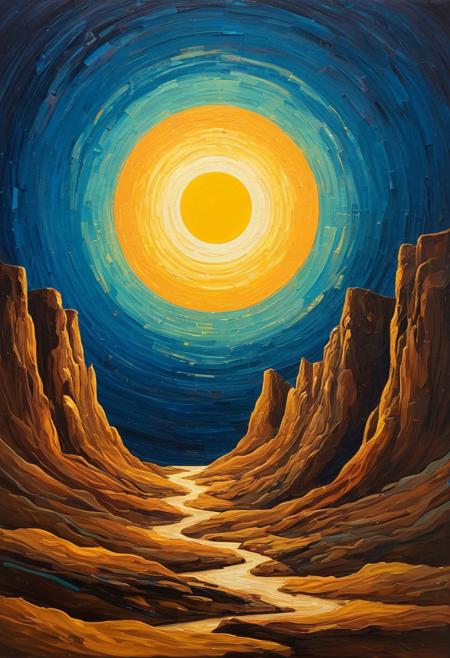 DB4RZ style painting, aidmansfwunlock, masterpiece, neon splash art of an alien landscape, vibrant surreal colours fine art,Full shot of an abstract painting.  The upper portion of the painting is a muted golden-tan color, with a large, vibrant reddish-orange disc, reminiscent of a sun or a celestial body, positioned centrally.  Below the sun-like disc, a dark-blue home stands prominently on a small, rise or hill, a light golden-tan color. , possibly with elements of impasto or textural techniques. Visible brushstrokes are not sharp but contribute to the overall mood and visual interest of the composition. A stylized painting or digital artwork presents a solitary figure seated on a cliff edge at night.  The figure, rendered as a dark silhouette against a lighter background, is positioned in the middle of a luminous, circular area reminiscent of a moon or a bright light source. This circular area, a pale yellow-gold, with concentric, brushed strokes, is the focal point and stands out against the darker tones of the surrounding environment. The background is a mix of dark gray-blues and deep navy hues. Brushstrokes are visible across the entire canvas, creating a textured effect that suggests the impressionistic style in which the artwork is executed. The swirling patterns around the central light source amplify the dynamic feel of the scene and draw the eye to the central figure. , <lora:FLUX-daubrez-DB4RZ-v2:1> DB4RZ, DB4RZ style painting