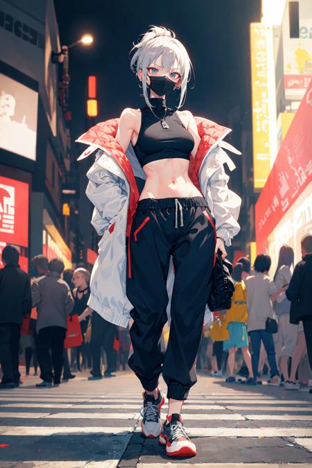 masterpiece, best quality, city street crosswork, blurry crowd, colorful, 1girl, standing from below, mature, skinny, small breasts, detailed grey hair, narrowed eyes, rapper, open jacket, sleeveless crop top, baggy pants, sneakers, black mouth mask