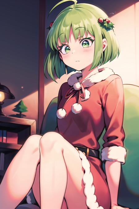 best quality, masterpiece,  masterpiece, best quality,  <lora:osamu_nishiv2-10:0.9>, knees_together_feet_apart,santa costume,flustered, green_hair,bob cut, solo,