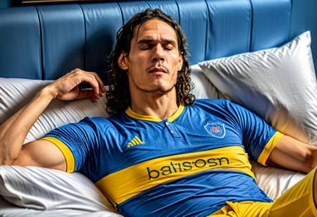 Cavani, photo, of a man lying in bed wearing blue and yellow pajamas, (on back), eyes closed, (masterpiece), (best quality), (detailed), (8k), (HDR), (wallpaper), (cinematic lighting), (sharp focus), (intricate)