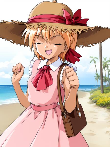 <lora:Ijuin_Mei:1>IjuinMei, 1girl, solo, hat, blonde hair, closed eyes, dress, short hair, bag, ribbon, handbag, arms behind back, open mouth,  hat ribbon, beach,
masterpiece, high quality, very_high_resolution, large_filesize, full color,