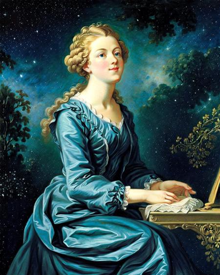 rococo, Fragonard, oil painting \(medium\), traditional_media, <lora:Fragonard_v1:0.7>,blue suit, 1girl, astronaut, aurora, blonde_hair, city_lights, closed_eyes, constellation, crescent_moon, dress, earth_\(planet\), fireworks, galaxy, globe, light, light_particles, long_hair, milky_way, moon, music, night, night_sky, piano, planet, shooting_star, sitting, sky, snowing, space, space_craft, star_\(sky\), star_\(symbol\), starry_background, starry_sky, starry_sky_print, tanabata, telescope