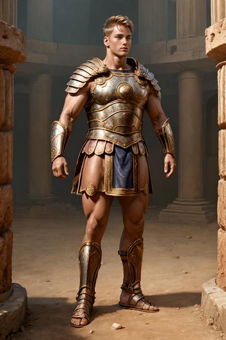 fantrome, arena of the Colosseum, muscular LarsNorgaard, Roman gladiator, wearing (gladiator armor), chest armor, breastplate armor, intricate details, holding sword, masterpiece, (((full body portrait))), wide angle,  <lora:LarsNorgaard:0.8>   <lora:fantrome_v3:0.65>