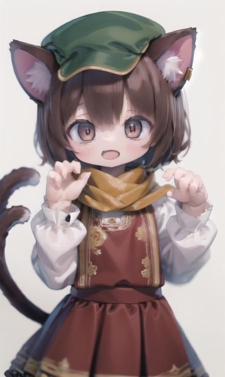 1girl, chen, short hair, brown hair, animal ears, brown eyes, yellow scarf, cat ears, cat tail,flat cap,red dress,white sleeves, long sleeves,