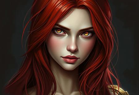 A woman with Red hair and Luminous eyes looks at the camera, Beautiful picture of the character, character portrait, character portrait, 🤤 Charlie Bowater character art, epic portrait illustration, подробныи character portrait, neo-artcore and Charlie Bowater, high quality portrait, fantasy concept art portrait, detailed matte fantasy portrait, charlie bowater art style, Detailed beautiful portrait, fantasy art portrait, dark, chiaroscuro, low-key, oil and watercolor painting