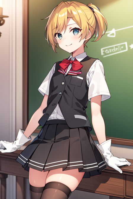 maikazeKC, 1girl, solo,short hair,skirt, shirt, gloves, bow, school uniform, short sleeves, white gloves, bowtie, vest, red bow, kneehighs, short ponytail, black vest, 