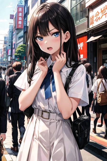 insanely detailed, absurdres, ultra-highres, ultra-detailed, best quality, 1 girl, solo, 16 years old, nice hands, perfect hands, BREAK, (wearing school uniform), angry, open mouth, dynamic pose, cowboy shot, looking at viewer, BREAK, slender, kawaii, perfect symmetrical face, ultra cute girl, ultra cute face, ultra detailed eyes, ultra detailed hair, ultra cute, ultra beautiful, by Canon EOS, SIGMA Art Lens 35mm F1.4, ISO 200 Shutter Speed 2000, in harajuku, shibuya, tokyo, street, crowd, cityscape, 
<lora:gekioko_v200:1>