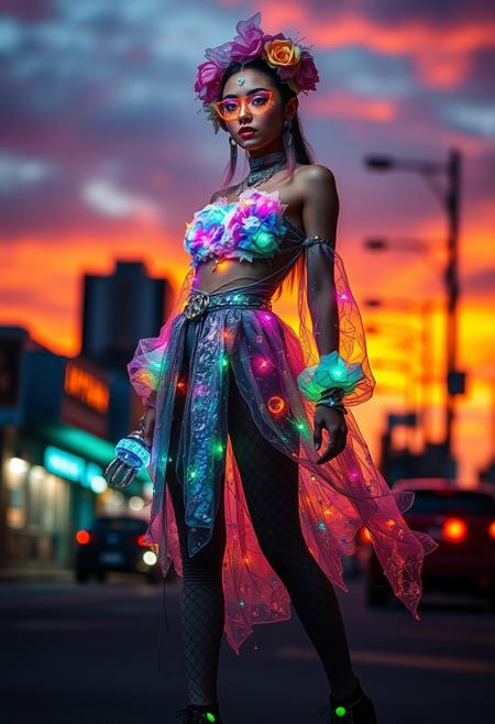 full body shot, fashionable adult, street fashion, vibrant colors, crystal-like textures on clothing, floral accessories, glowing makeup, unique design, trendy outfit, urban setting, sunset sky, cinematic lighting, dramatic shadows, high quality, detailed textures, surrealist elements on clothes, fall colors, modern fashion, photorealism, glowing skin, intricate patterns, stylish shoes, glowing accessories, creative fashion, fantasy-inspired attire, masterpiece, surreal style clothing, adult character