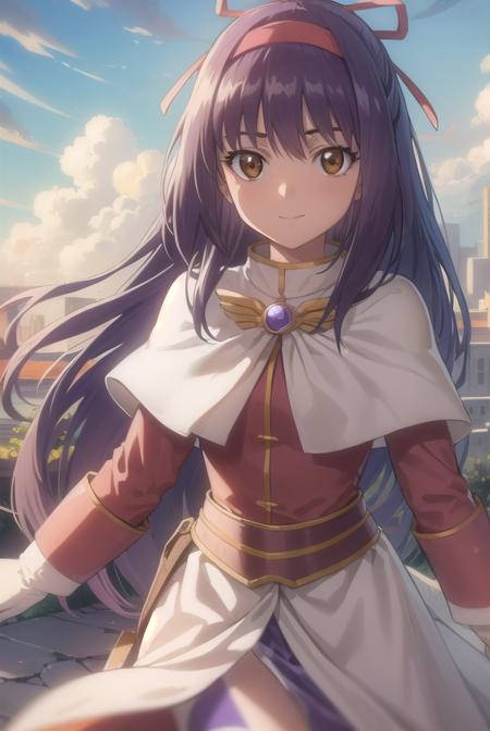 ragnarok yufa, long hair, ribbon, hair ribbon, ponytail, purple hair, hairband, sidelocks, (brown eyes:1.5) long sleeves, capelet, white capelet, gloves, white gloves, dress, red dress, skirt, white skirt,