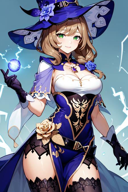 masterpiece, best quality, highres, aalisa, long hair, hair flower, green eyes, witch hat, purple headwear, hat flower, necklace, capelet, purple dress, black gloves, black thighhighs, <lora:lisa_v1:0.7>, standing, (magic:1.2), cowboy shot, (electricity:1.1), smile