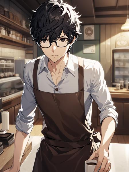 dsren, black hair, short hair, black eyes, glasses, collared shirt, apron, pants, 1boy, male focus, solo
BREAK
cafe, counter, indoors, depth of field, cinematic, masterpiece, best quality, game cg
 <lora:dsjoker_a3b:1>