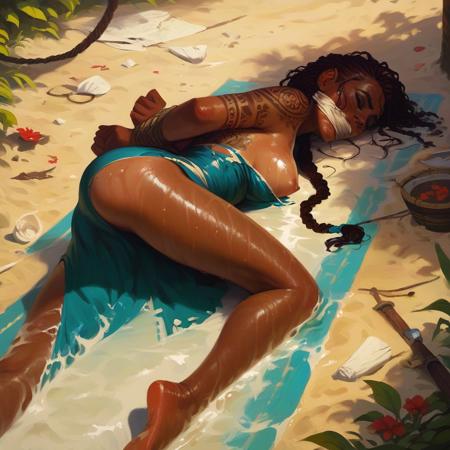 score_9, score_8_up, score_7_up,
1girl, (petite),
medium breasts, exposed ass,
exposed breasts, smooth body, (sweat, juice, wet:1.4),
hands tied behind back,
lying on her stomach on a sand beach,
torn dress,
wet,
covered in sand, 
asleep,
perfect round ass,
(braids:1.4),
(african:1.3),
tattoos,
gagged, cleavegag,
pirate ship wrecked on a beach, broken wooden planks,