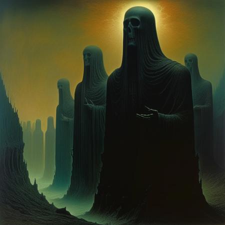 Ides Of March by Zdzislaw Beksinski, dark and unsettling depiction of a surreal landscape, evoking the themes of existential dread and chaos, reminiscent of 21th century Polish surrealism