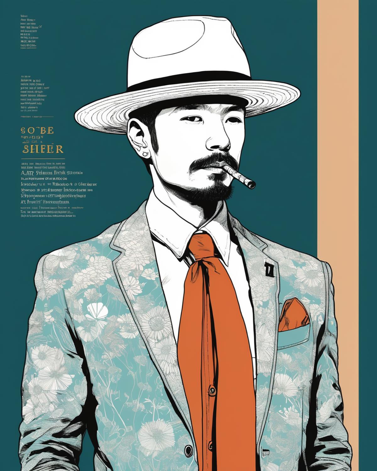 A man wearing a hat, suit, and tie smoking a cigar on a poster.
