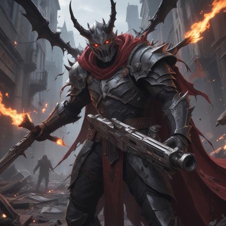 Create a detailed, intricately designed digital art piece showcasing a close-up of a person holding a pistol amidst carnage, with a unique design inspired by Bangkuart and a hint of Rorschach. Incorporate elements of a space insect android, long shot Jorogumo, and spears in the background, with a focus on silver and red colors. Ensure a cinematic lighting setup and a wide-angle shot, full-body portrait perspective. The art style should be reminiscent of Unreal Engine 5, with a 4K UHD, hyper-realistic quality and sharp focus. The atmosphere should be intense and immersive, as if it were a scene from a D&D campaign.