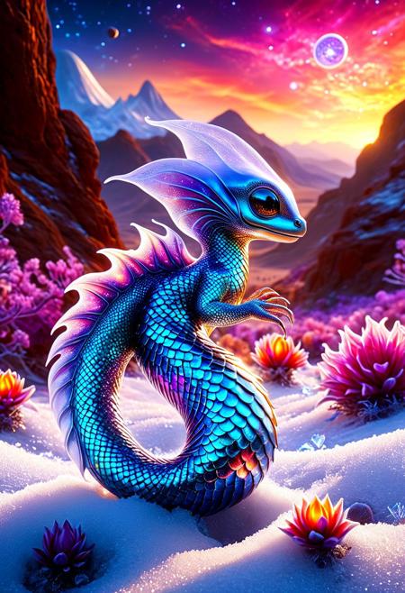 a fantastical realm where frost and flame entwine, where the desert blooms with icy beauty. It's a world where the impossible becomes reality, where magic dances upon the wind.
Imagine it - a shimmering expanse of iridescent ice, stretching as far as the eye can see. Amidst this frozen landscape, a salamander emerges, its scales glinting like polished gemstones. With a flick of its tail, it sets off a dazzling display of light and color, as if the very air itself were aflame.
The creature's path leads it through a series of hidden crevices, each one revealing a new wonder.
sci-fi, alien-worlds, eeriness, futuristic, outer-space, science-fiction, alien-themed, extraterrestrial, cosmic, otherworldly, mysterious, 
concept-art, adventure, fantasy, whimsy, dreaminess, digital, illustration, magic, 
beautiful, painterly, textural, artistic, aesthetic, 
intricate details, highly detailed, ultra-detailed, absurdres, vivid, vibrant, volumetric lighting, 
scaleboundsdxl, aid291, midjourneyv6.1