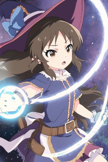 Tachibana Arisu, 1girl, hat, gloves, solo, long hair, brown eyes, brown hair, witch hat, staff, magic circle, frills, belt, open mouth, dress, :o, ring, bow
 <lora:arisu-u149-anime-v1.0:1>