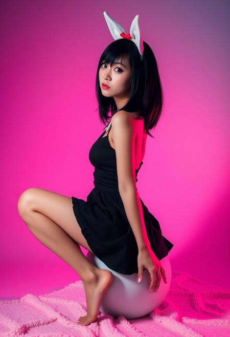 (Soft Lighting Photography by Mimoza Veliu and Mario Giacomelli:1.2), NSFW, Japanese college girl wearing white cat ears, long eyelashes, long black bob, face obscured by hair, bare feet, feet to viewer, white ears with red bow, sexy black dress with white collar, black and white striped stockings, breast exposed, sitting on a bouncy ball with her leg, white grunge, in profile, side view, surrealism, fashion illustration, gradient magenta and teal background, avant-garde, vivid colors, filigree, photorealistic rendering, moody chiaroscuro lighting. sexy, dynamic poses,looking at viewer,