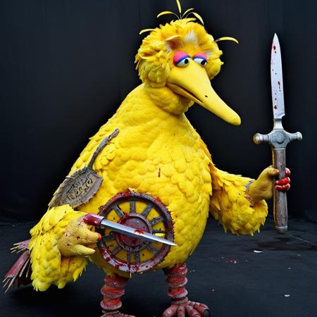 Steampunk style Bigbird1024, a giant yellow bird holding a big bloody knife, horror, dark <lora:Bigbird1024-000255:0.8>  . Antique, mechanical, brass and copper tones, gears, intricate, detailed