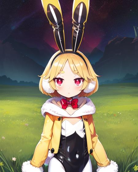 Usalia, short blond hair,red eyes ,short eyebrows, standing, upper body, 
UsaJac,rabbit ears with a black hairband, yellow fur-trimmed jacket, white scarf, white leotard with black pantyhose, rabbit tail, bunny slippers, red bowtie,covered navel ,
carrot farm, outer space,  grass, 
 (insanely detailed, beautiful detailed face, masterpiece, best quality)    <lora:Usalia:0.8>