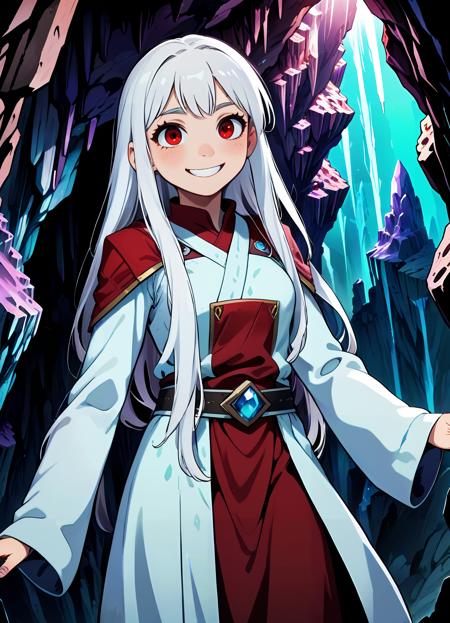 fca style, anime, 1girl, long hair, white hair, bangs, red eyes, 20 years old, mischievous smile, traditional nomad robes, upper body, close up, crystal cavern, stalactites and stalagmites, glowing rainbow crystals, mysterious