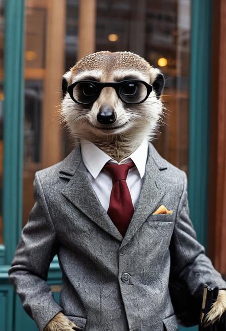 Wes Anderson style, photo of anthropomorphic meerkat dressed as a businessman going to work on Monday morning