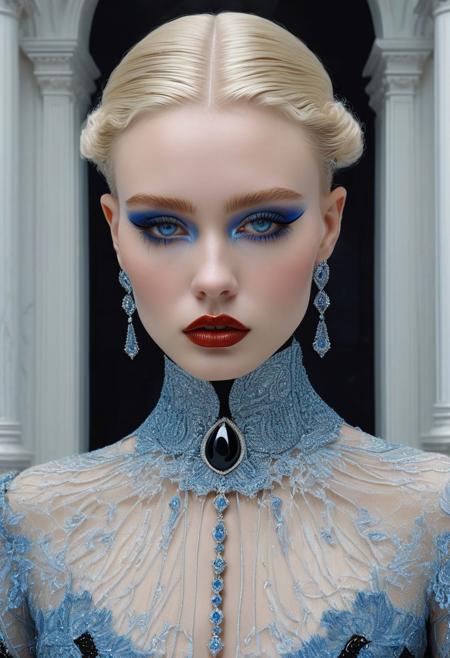 In a striking photograph capturing the essence of gothic elegance, a 33-year-old woman commands attention with her mesmerizing presence. Dressed in a captivating ensemble of sleek black attire, she exudes an air of mystery and sophistication. Her medium-length blond hair slicked back, framing her square face with exquisite precision. Deep black eyeliner accentuates her piercing blue eyes, while meticulous lipliner defines her lips with precision. Adorned with an intricate diamond choker, she stands against the backdrop of a white marble hall, casting an aura of timeless allure. With analog VHS aesthetics and a touch of chromatic aberration, the scene evokes a sense of nostalgia and intrigue. Set in a Blade Runner-inspired ambiance, the dark mood adds depth and intensity to the composition. Captured with a 100mm f/2.8 macro lens, the image showcases intricate details of her attire and surroundings, creating a mesmerizing visual masterpiece that transcends mere photography.
