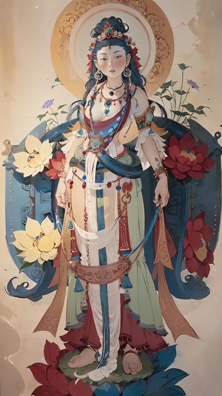 Duohuan,1girl,(illustration:1.1),(bestquality),(masterpiece:1.1),soft portrait shot 8 k,solo,jewelry,necklace,full body,blue hair,fine art parody,long hair,standing,headdress,2flower,
<lora:Dunhuang V2.0-000009:1>,