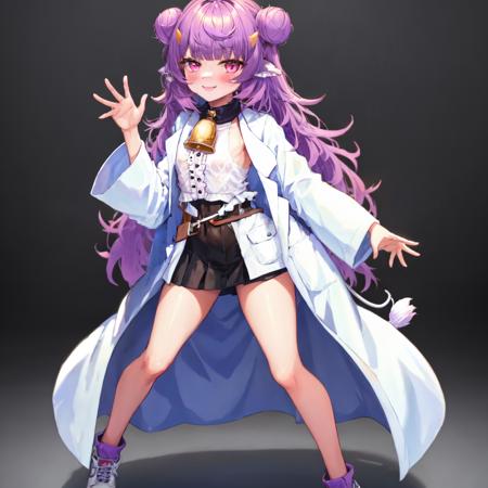 sfw, (masterpiece), (best quality:1.0), (ultra highres:1.0), detailed eyes, good lighting, good hands, perfect hands, <lora:GoodHands-beta2:1.0> <lora:detailed_eye:0.7> BREAK
muyu, 1girl, solo, very long hair, purple hair, double bun, animal ears, horns. pink eyes, cow tail, small breasts, neck bell, labcoat, black skirt, white shirt, frills, open clothes, belt, full body BREAK
dancing, smiling, blush