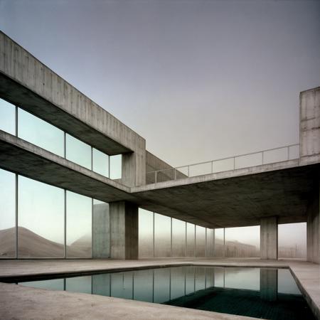 best quality, building, (Tadao Ando architecture), soviet architecture, rectangular windows, megastructures, photorealistic, retro, (soviet:1.2), low saturation, dirt, futuristic, concrete and shiny metal, details, texture, symmetric, dynamic light, film grain, <lora: soviet architecture:0.8>, desert, mist, fog, (peoples), lake, pool, sand, (tropical plants:0.5), (tropical trees:0.3), Cactus