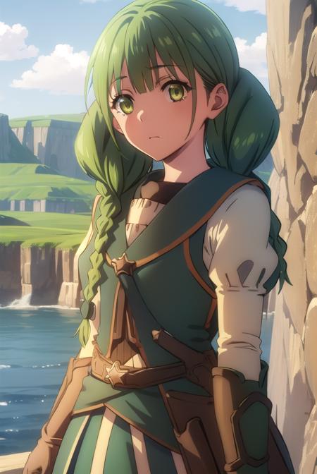 rishiaivyred, <lora:rishia ivyred s3-lora-nochekaiser:1>,
rishia ivyred, long hair, bow, (green eyes:1.3), braid, hair bow, green hair, twin braids,
BREAK gloves, dress, brown gloves, green dress, skirt, white skirt, puffy sleeves,
BREAK outdoors, forest, nature, sun, sky, trees, clouds, grass,
BREAK looking at viewer, (cowboy shot:1.5),
BREAK <lyco:GoodHands-beta2:1>, (masterpiece:1.2), best quality, high resolution, unity 8k wallpaper, (illustration:0.8), (beautiful detailed eyes:1.6), extremely detailed face, perfect lighting, extremely detailed CG, (perfect hands, perfect anatomy),