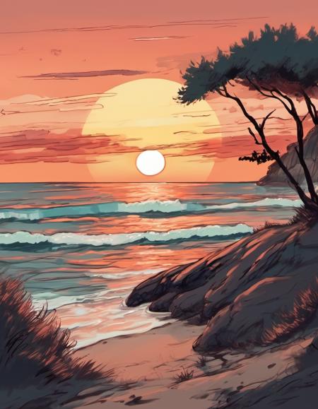 a sunset over the sea, thick brush lines,   jsmn style <lora:jsmnStyle:1>