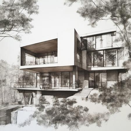 1 modern house, architect sketch, balcony, glasses, trees <lora:architect_XL:1>