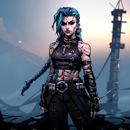 JinxLol,mature female,1girl, solo,looking at viewer, navel, gloves, fingerless gloves, character name, midriff, bare shoulders, looking at viewer, gun, crop top, belt,outdoors, darkest dungeon <lora:NecroSketcherAlpha:0.8> <lora:JinxLol:1>