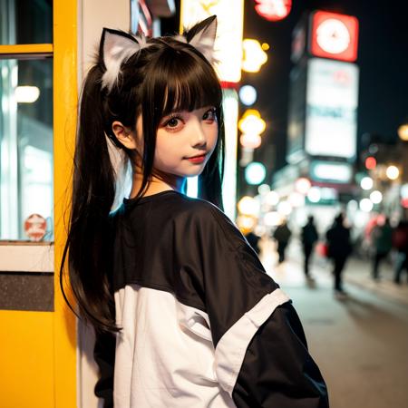 chunmomo, 1girl, solo, realistic, smile, looking at viewer, blurry, black eyes, black hair, bangs, long hair, day, blunt bangs, hair ornament, cityscape, night,<lora:chunmmfb_v2.1:0.8>, animal ears, school shirt