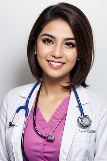 (medium shot), 1girl, (cheek_heart:1.4), smiling, beautiful pakistani female doctor in (labcoat over scrubs),  beautiful detailed face, brown hair, pale skin, realistic skin, detailed cloth texture, detailed hair texture, Perfect proportion, Beautiful Face, accurate, Anatomically correct, Highly detailed face and skin texture , looking at viewer , portrait, photorealistic , masterpiece, best quality , isolated white background