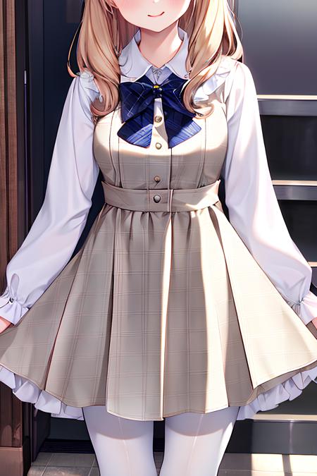 Amavelgerydress,1girl,full body, naughty face, 
Best quality, masterpiece, ultra high res, RAW photo,masterpiece, best quality, delicate face, (narrow waist:1.2),
dress, long sleeves, bow, frills, (plaid dress:1.2), sleeves past wrists, white bowtie, standing, plaid,grey dress, white bow,(white pantyhose:1.4), footwear, pearl  button
outdoors, 
,<lora:AmavelgerydressV1.0:0.8>