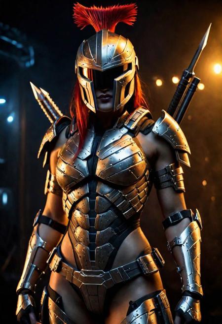 Futuristic sci-fi cyberpunk concept Recreate the cinematic scene movie by Zack Snyder in the night((Add futuristic cyber elements), cyberpunk elements, futuristic mechanic body parts, futuristic Cyberpunk helmet neon digital visor) The female greatest Spartan Warrior ((full body, detailed armour, detailed face, detailed accessories, detailed ornament, detailed spear and shield, detailed omega symbol)), grabbing her blade, burning ancient Warfield as background, Greek ship floating in the sky, Night battle, epic battle, hyper realistic, hyper detailed. Detailed face, overall detailed Spartan armour, detailed cyberpunk elements, detailed futuristic mechanic body parts, detailed futuristic Cyberpunk helmet neon visor, detailed finger, detailed feet, detailed environment
