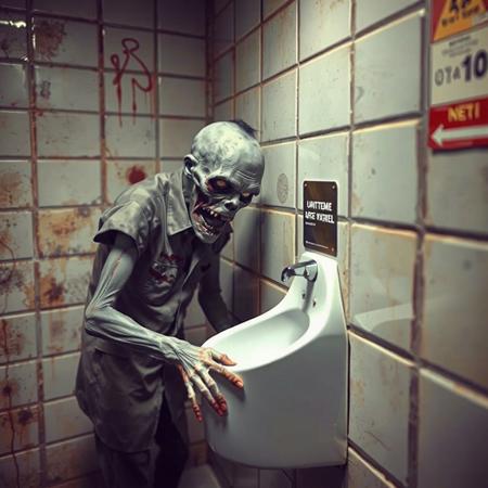 Photograph of a shy zombie trying to urinate in a urinal at a disgustingly dirty public toilet but he is too nervous to perform