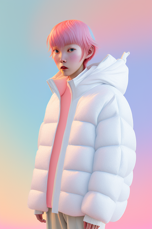 a woman wearing a poncho oversized puffer jacket, inspired by OffWhite, tumblr, inspired by Yanjun Cheng style, digital ar...