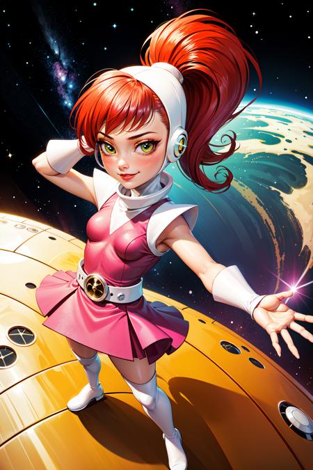 1girl, masterpiece, (detailed background), photorealism, best quality, absurdres, nose blush, looking at viewer, (small breasts), <lora:atomic_betty2-10:0.8>, atomic betty, ponytail, red hair, gloves, pink dress, belt, green eyes, squinting, red lipstick, launch pad, space ship, futuristic, stars, night sky, full body, smirking, eyelashes, eyeshadow, action pose, from above,