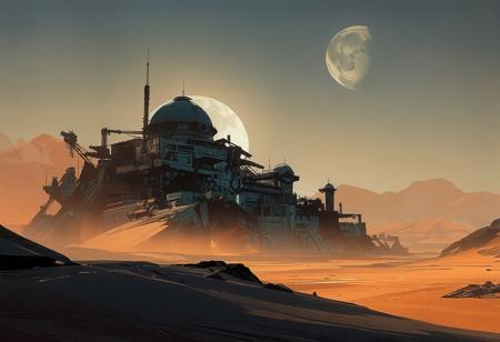 Seen from ground level, a futuristic city stands in the middle of a vast desert. The scene takes place on another planet, as two moons are visible in the sky. The city is perched on a rocky spur, its architecture sleek and harmonious, made of glass and steel. A large building with a grand dome overlooks the city. Space and air traffic can be seen, along with a few mining vehicles. The city is surrounded by an immense expanse of sand. The sky remains fairly bright as the sun sets behind us, casting dramatic contrasts of light and shadow. The atmosphere is nocturnal, with an overall blend of bluish and orange hues.