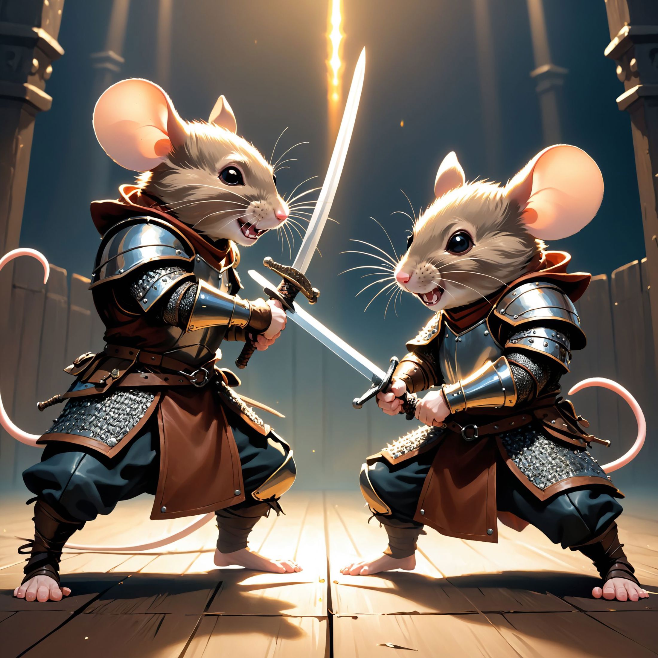 Two Mice in Armor Holding Swords and Playing with Each Other