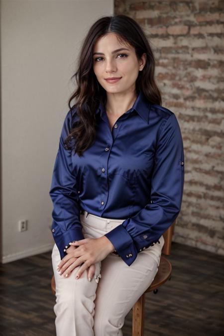 wearing a business suit, Marines Blue blouse,  birthday party  <lora:Monica1873Bar:1> a woman, m1873b, solo,